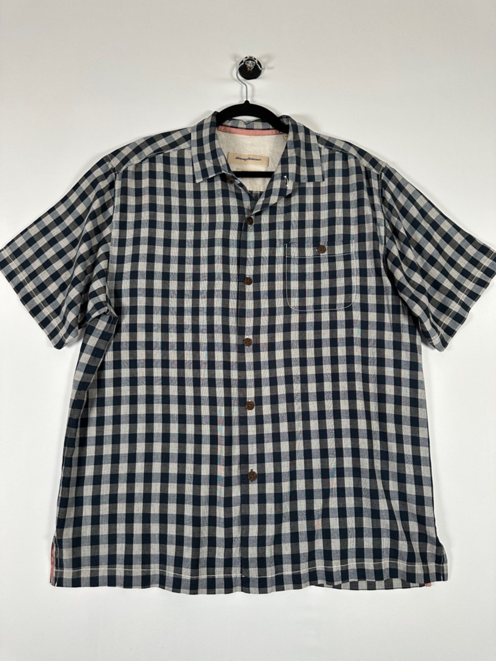 Tommy Bahama Silk Short Sleeve Button Down Shirt Blue Plaid Relaxed Fit Size L